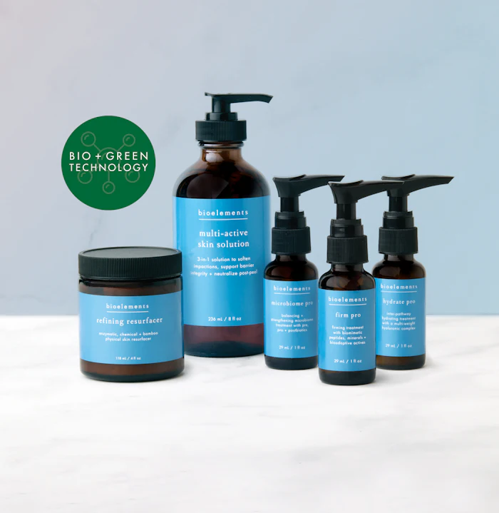 BIO + GREEN TECHNOLOGY logo with circular green badge displayed alongside skincare product bottles