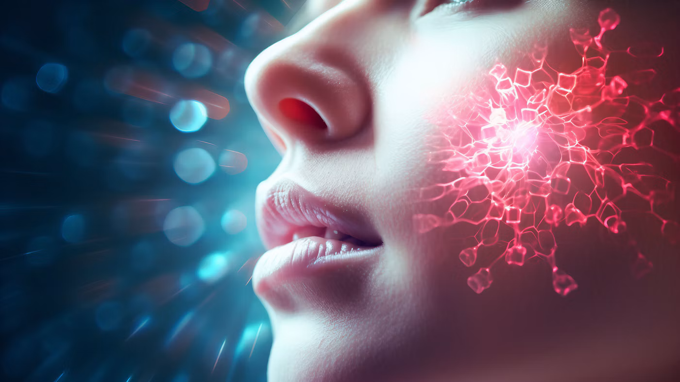 Digital illustration of a woman's profile with glowing red neural network patterns emanating from her head against a blue bokeh background