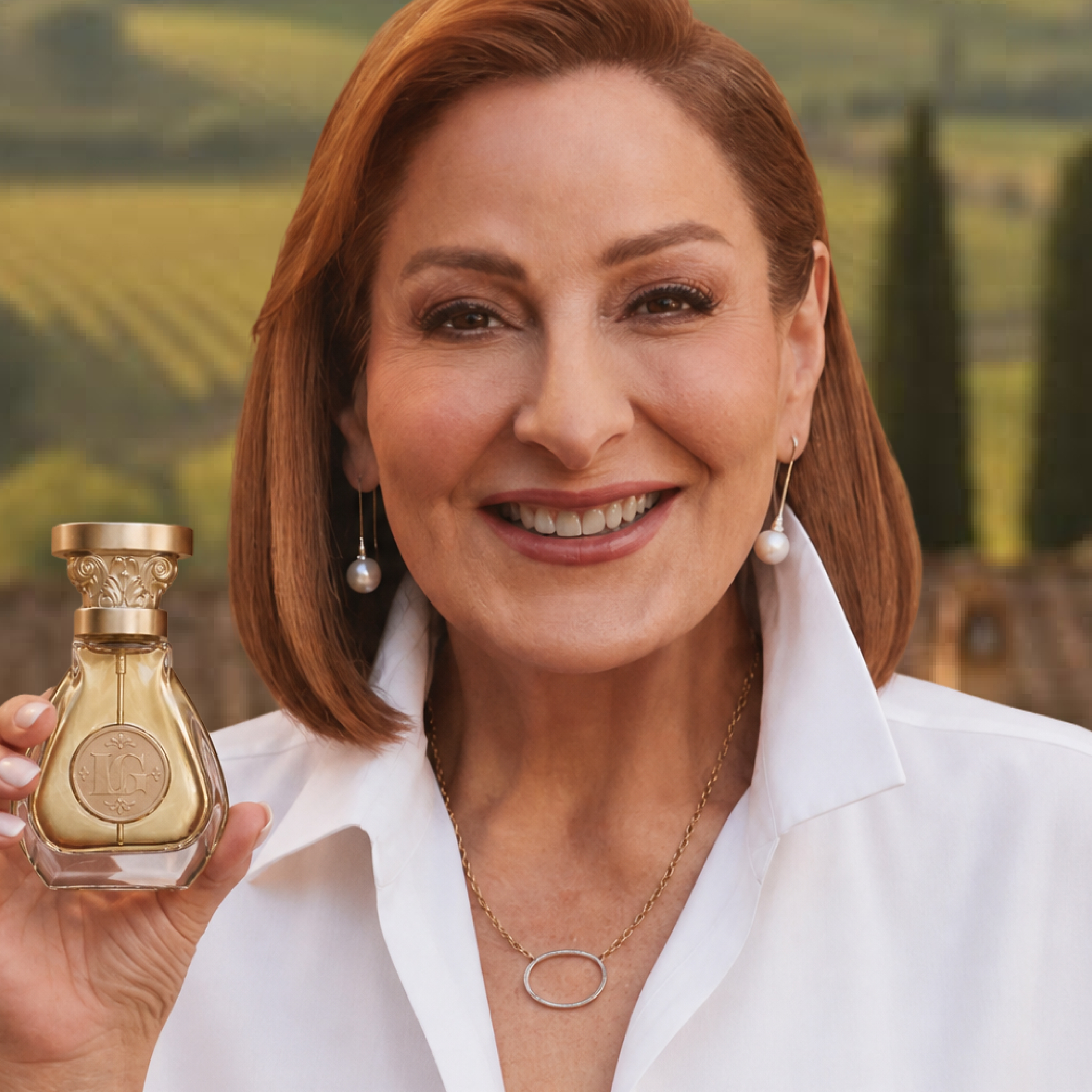 Woman with auburn hair holding a gold Baccarat fragrance bottle, smiling at camera against vineyard background