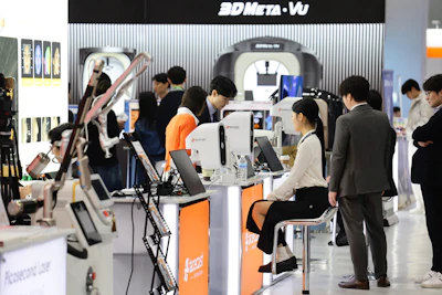 Visitors explore 3D printing technology and equipment at a trade show booth featuring white and orange branded displays.