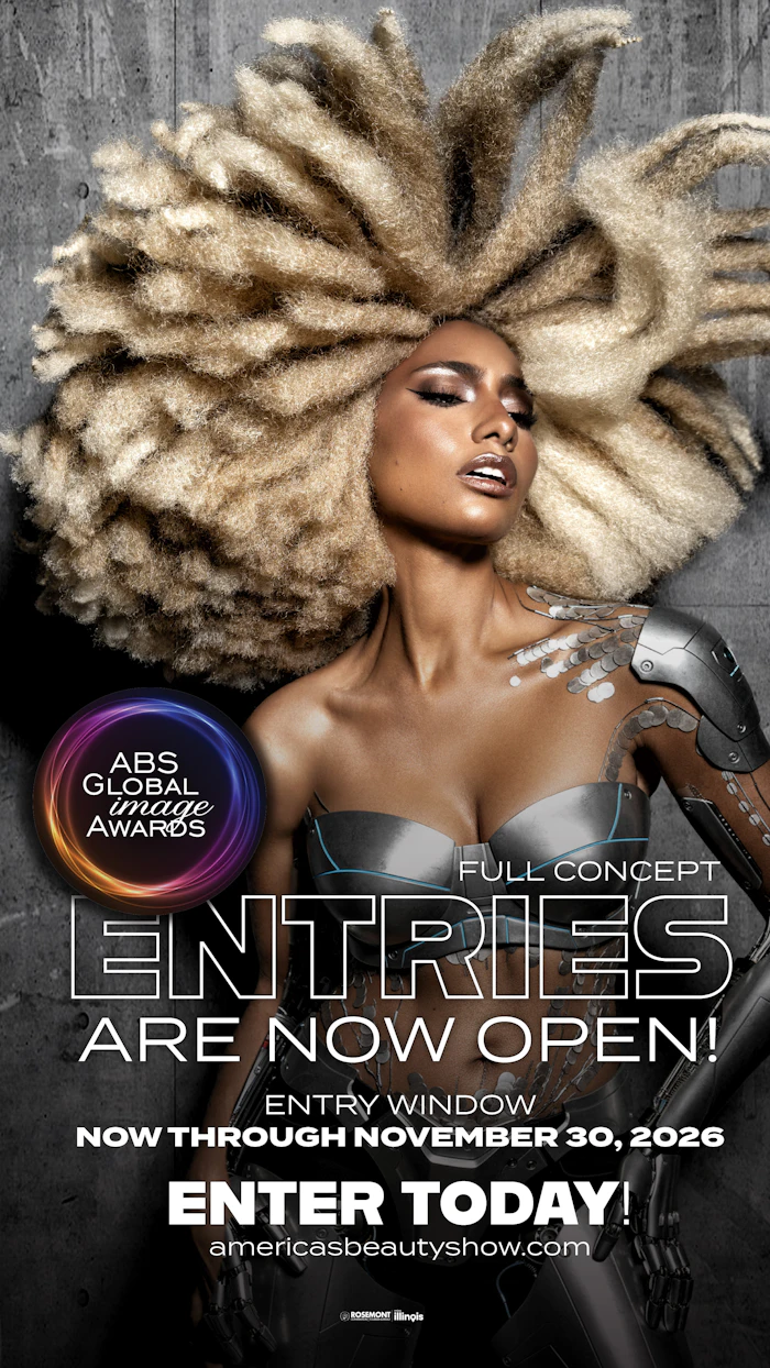 Woman with voluminous blonde afro hairstyle wearing metallic shoulder armor against gray textured background with ABS Global Image Awards logo and entry deadline information