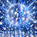 Glowing blue and silver disco ball with radiating light and sparkles on blue background