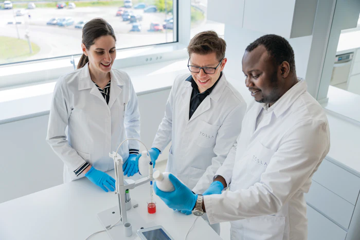 Three scientists in white lab coats conducting research with laboratory equipment and samples in a modern laboratory setting with large windows.