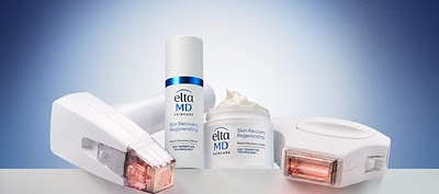 EltaMD skincare product collection featuring sunscreen and moisturizer bottles with applicators on blue background