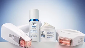 EltaMD skincare product collection featuring sunscreen and moisturizer bottles with applicators on blue background