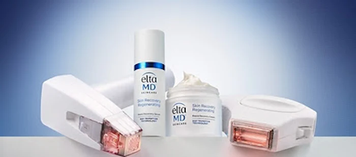 EltaMD skincare product collection featuring sunscreen and moisturizer bottles with applicators on blue background