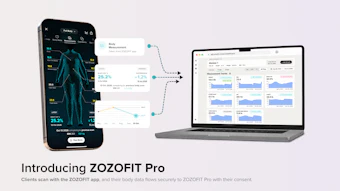 ZOZOFIT Pro app ecosystem showing body measurement data on smartphone and desktop dashboard with health analytics